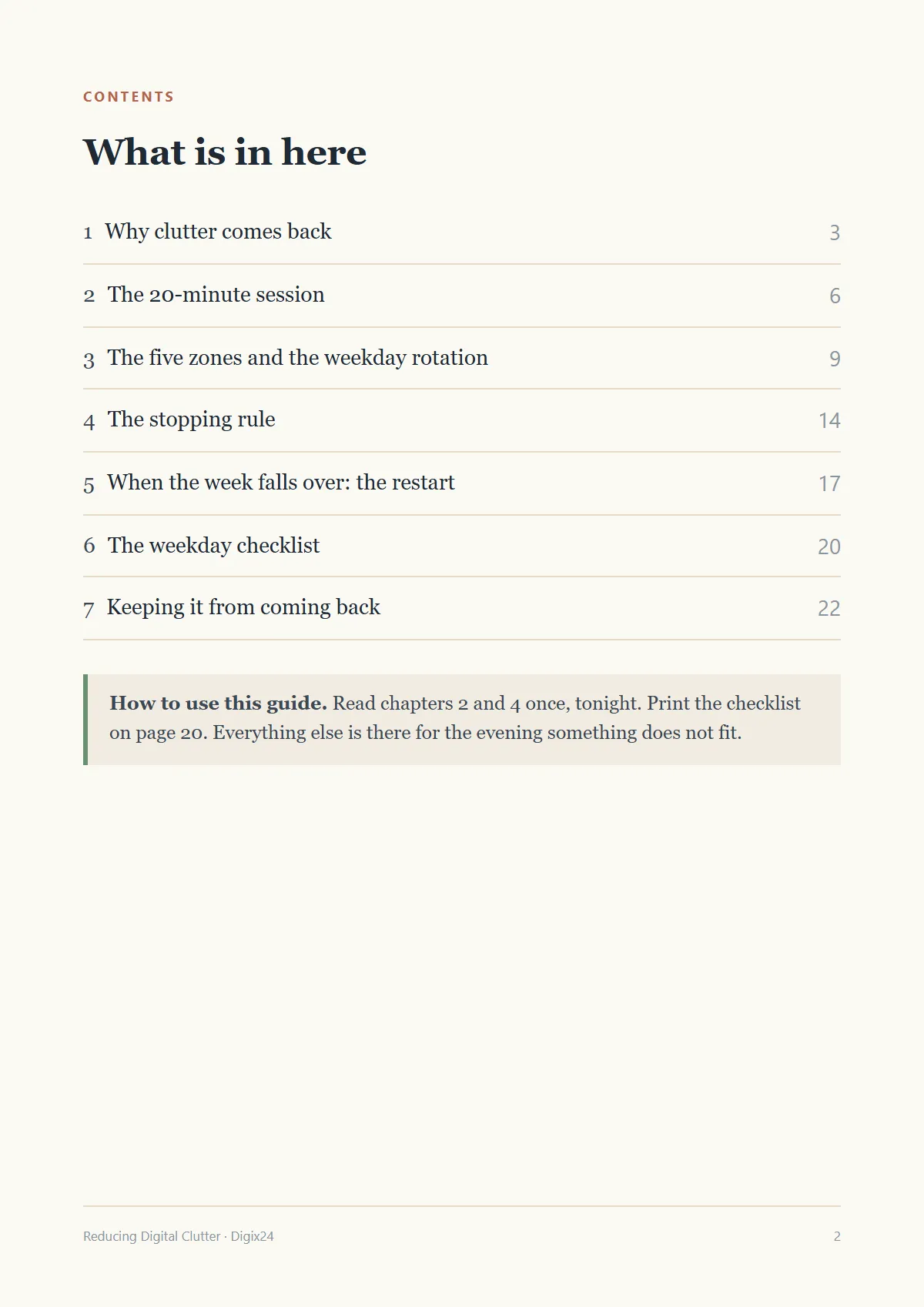Contents page listing the seven chapters, from why clutter comes back to the weekday checklist